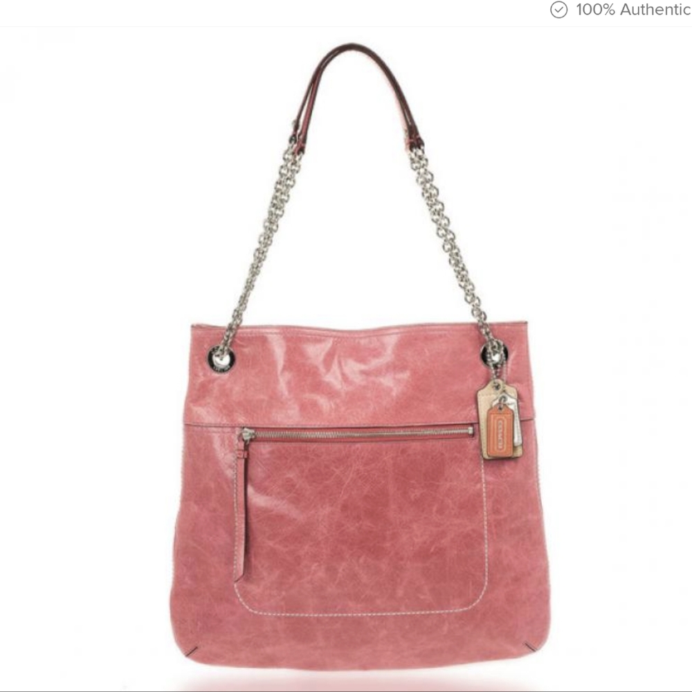 Vintage Coach CAMELLIA Poppy Pink Leather Slim Crossbody Convertible Tot…